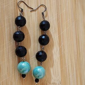 Hand Crafted Black and Turquoise Beaded Earrings Pierced Drop